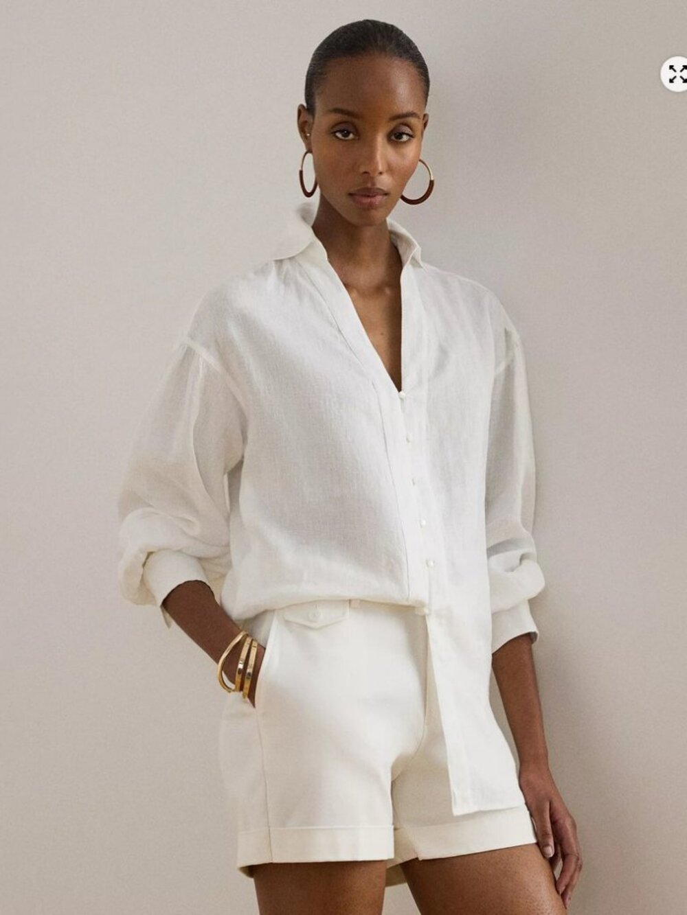 Lauren Ralph Lauren Blouse Top Womens S White Linen Long Sleeve Blouson $165